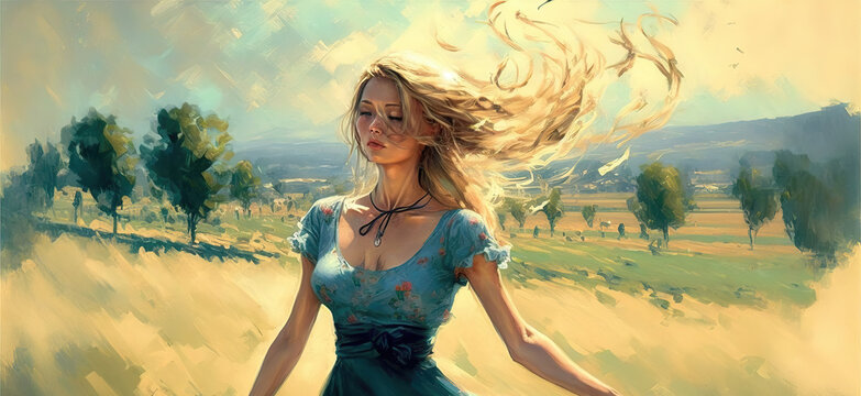 an oil painting inspired blonde woman standing in a big field, wind is blowing through her hair, generative ai technology