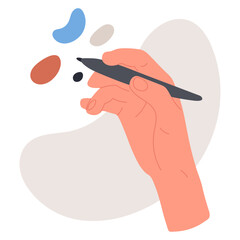 Writing hand. Human hand with painting tool, pencil, pen or stylus cartoon flat vector illustration on white background