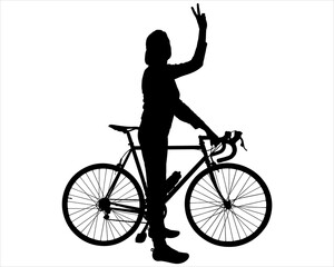 Fototapeta premium The girl stands near the bike, her hand shows the gesture of 