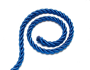 single blue rope on white in shape of spiral, white background

