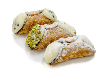 three cannoli, Sicilian of different type on white background with shadow
