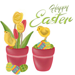 Happy easter  elements hand drawn watercolor easter bunny and easter eggs,  flowers, easter basket and flower pot.