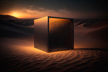 Futuristic coceptual landscape with metal cube with interior light in a desert environment with twilight