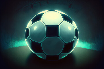 Fototapeta premium Close up of a soccer ball in the center of the stadium illuminated by the headlights. Generative AI