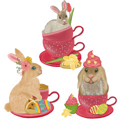 Happy easter  elements hand drawn watercolor easter bunny and easter eggs,  flowers, easter basket and flower pot.