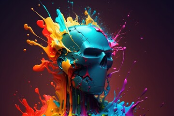 Head of a robot is exploding with splash of colours.Creative capability in Robotics and Artificial Intelligence. Generative AI	
