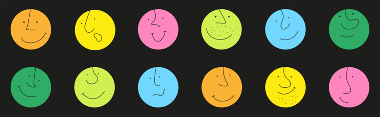 Funny round faces icon set vector in cartoon style. Colorful circle grimace character