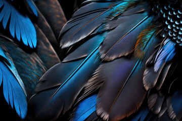 a closeup of black - blue feathers. Generative AI