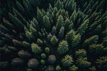 a dense pine forest. drone shot. Generative AI