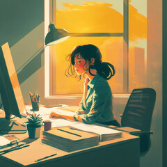 Woman sitting and working in the office. painting