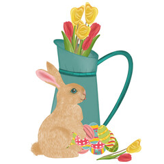 Happy easter  elements hand drawn watercolor easter bunny and easter eggs,  flowers, easter basket and flower pot.