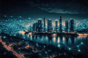 a modern wireless networked city at night. future. Generative AI