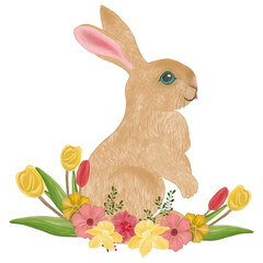 Happy easter  elements hand drawn watercolor easter bunny and easter eggs,  flowers, easter basket and flower pot.