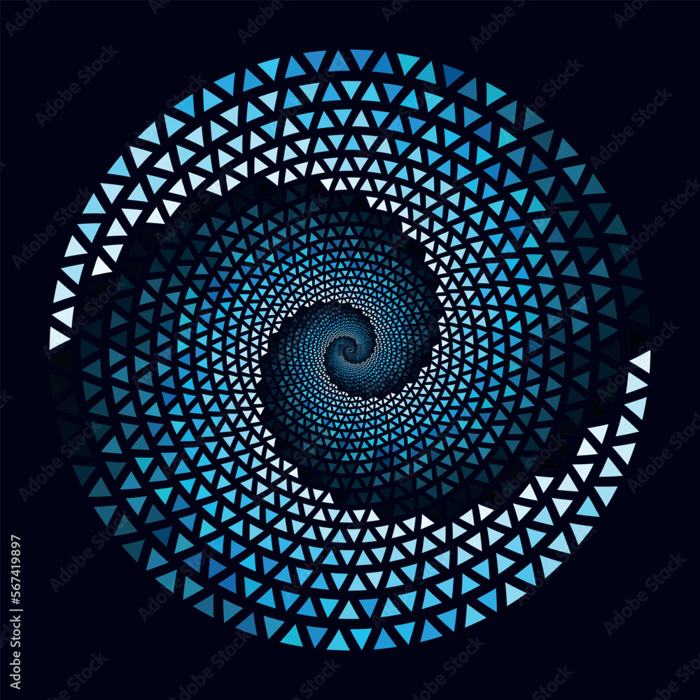 Wall mural Blue color triangles in circle spiral as background or icon, logo, tattoo. Mosaic Yin and yang symbol.