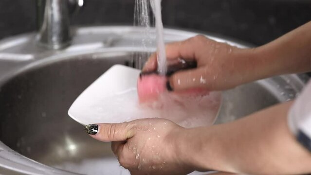 female hands wash a white plate with foam under running water	