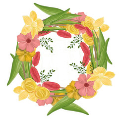 Happy easter  elements hand drawn watercolor easter bunny and easter eggs,  flowers, easter basket and flower pot.