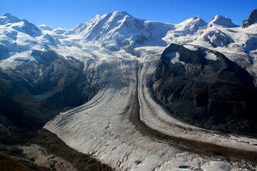 View of the snow-white Matterhorn glacier from Mount Gornergrat near Zermatt in southern...