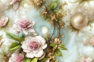 Embossed Aquarelle Painting of Flowers and Pearl