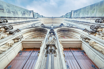 Facade Detail of the Door Entrance, West Portal of St. Lamberti - Roman Catholic church from below....