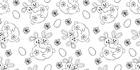 Two hugging easter bunnies seamless pattern. Vector hand drawn outline symbol. 