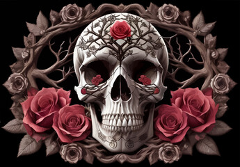 Skull and roses vector illustration. Dark fantasy.