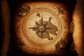 Fototapeta na wymiar an old pirate map with a compass in the middle. Generative AI
