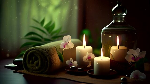 Candles, oils and a towel in wellness. Video loop 30 seconds.
