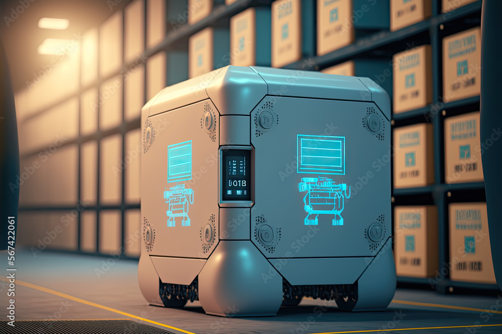 Poster an ultra modern storage system with robots. generative ai