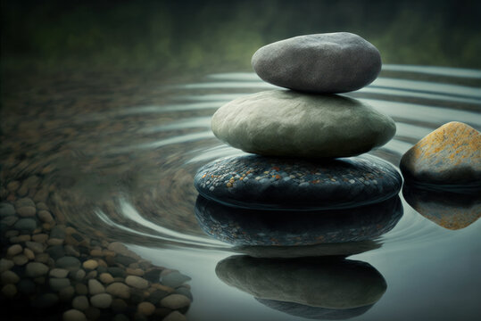 Balance stones on water, pebbles stack, zen and spa concept. Generative AI