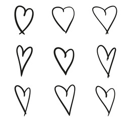 Hand drawn abstract hearts on isolated white background. Black and white illustration. Sketchy elements for design