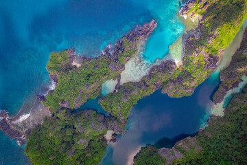 Amazing reef and mountains in the sea of Palawan, Philippines (aerial view)