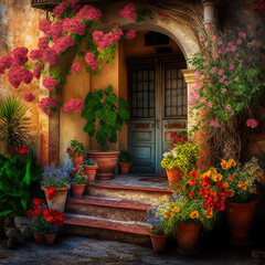 Fototapeta na wymiar charming house with colorful plants and flowers at the entrance. Generative AI