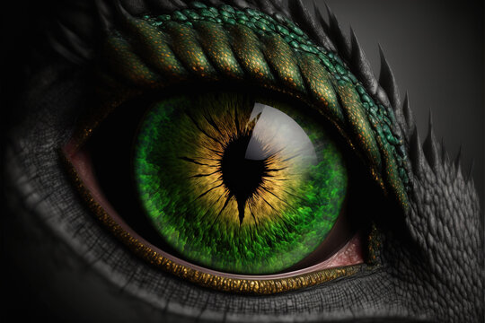closeup of a green dragon with a green eye. Generative AI