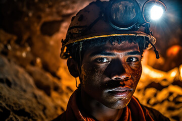 Fototapeta na wymiar A fictional person. Worker at underground mining cave. Generative AI