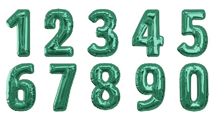 Bal&otilde;es num&eacute;ricos um dois tr&ecirc;s quatro cinco seis sete oito nove zero na cor verde azulado sem fundo