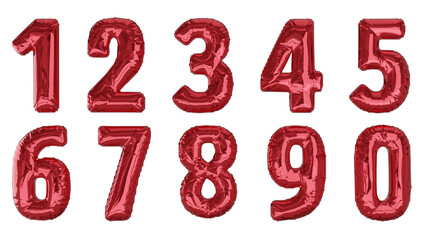 Balões numéricos um dois três quatro cinco seis sete oito nove zero na cor vermelha sem fundo 