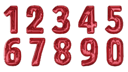 Balões numéricos um dois três quatro cinco seis sete oito nove zero na cor vermelha sem fundo 