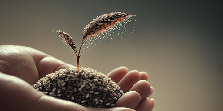 hands hold a bunch of seeds from which a small plant with two leaves will grow. Generative AI