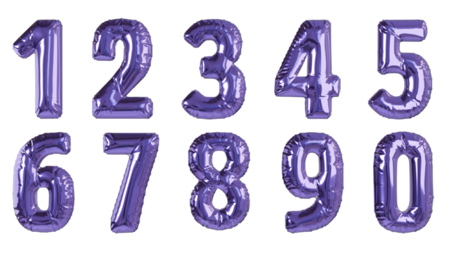 Balões numéricos um dois três quatro cinco seis sete oito nove zero na cor roxa lilás sem fundo