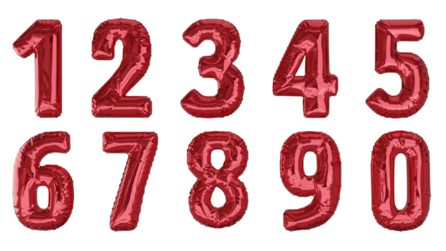 Balões numéricos um dois três quatro cinco seis sete oito nove zero na cor vermelha sem fundo 