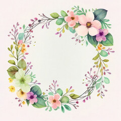 Fototapeta premium Floral frame illustration. Flower Wreath. Watercolor background with flowers, leaves, twigs. Graphic design for wedding, invitation card. Blooming template. Pastel colors. Generative AI.