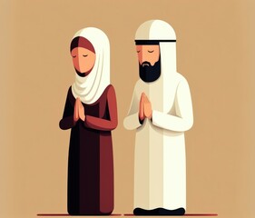 Two muslim people pray together cartoon style. Generative AI