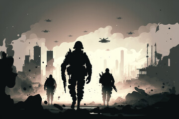 Battle Concept Military figures engaged in combat against a war related fog background, World War Soldiers Cloudy Skyline is below. the evening. Combat in a destroyed city. selective attention