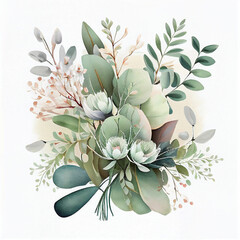 Bouquet of flowers and leaves in pastel colors. Watercolor background illustration. Template for your artwork. Best for invitation card, wedding stationery, greeting. Generative AI.