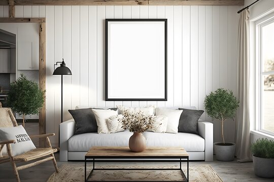 Mockup frame living room white modern created with AI