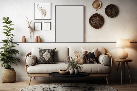 Mockup frame living room white modern created with AI