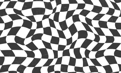 checkerboard background in black and white colors,  retro groovy wavy psychedelic checkerboard pattern. vector illustration