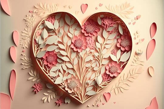  a paper cut heart with flowers and leaves on a pink background with hearts and leaves on the sides of the heart and a pink background with pink and white.  generative ai
