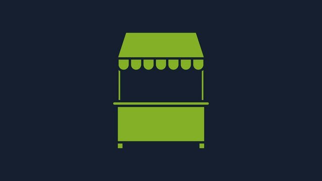 Yellow Street stall with awning and wooden rack icon isolated on blue background. Kiosk with wooden rack. 4K Video motion graphic animation