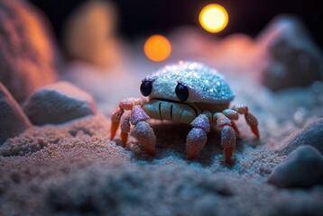 cute crab on sand with bokeh light, Generative Ai